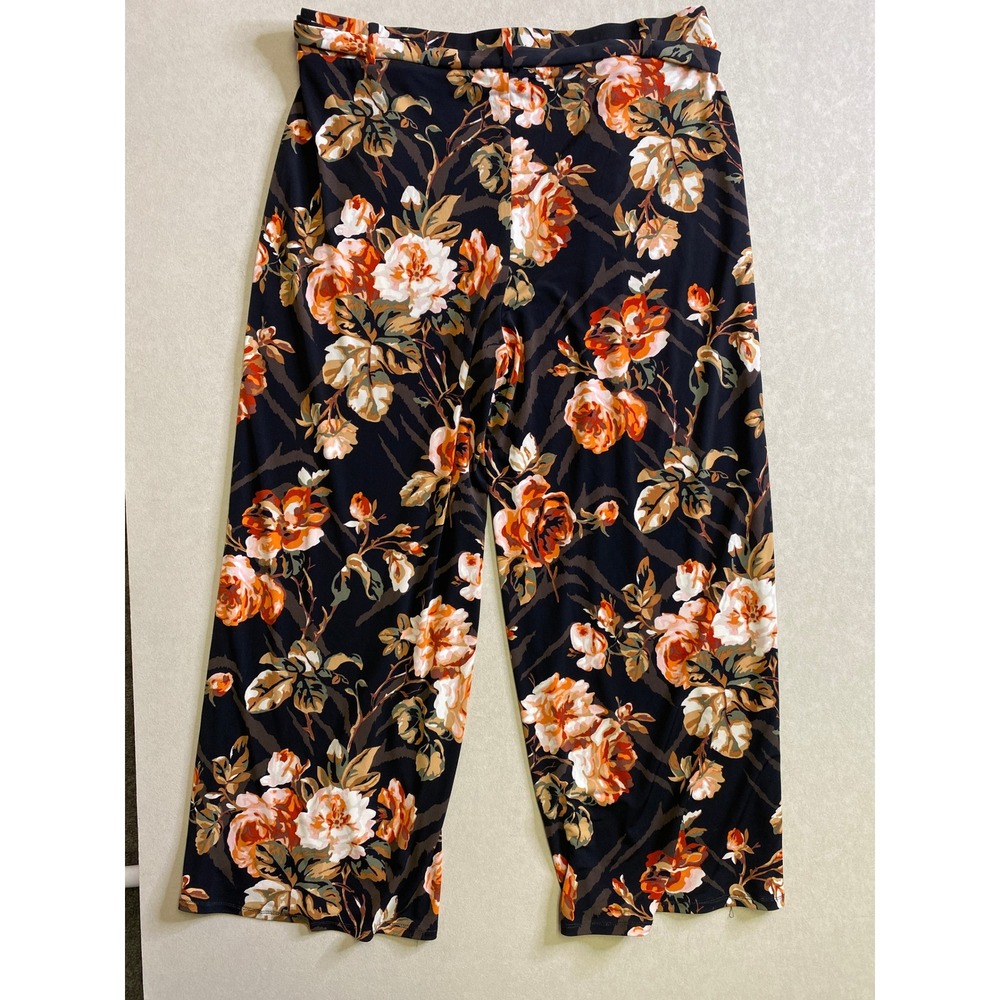 White House Black Market Wide Leg Floral Print Pants XL Black Orange Tie Waist
